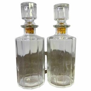 Bormioli Vintage 10" Faceted Glass Decanters Set of 2 Barware Cork Clear Thick